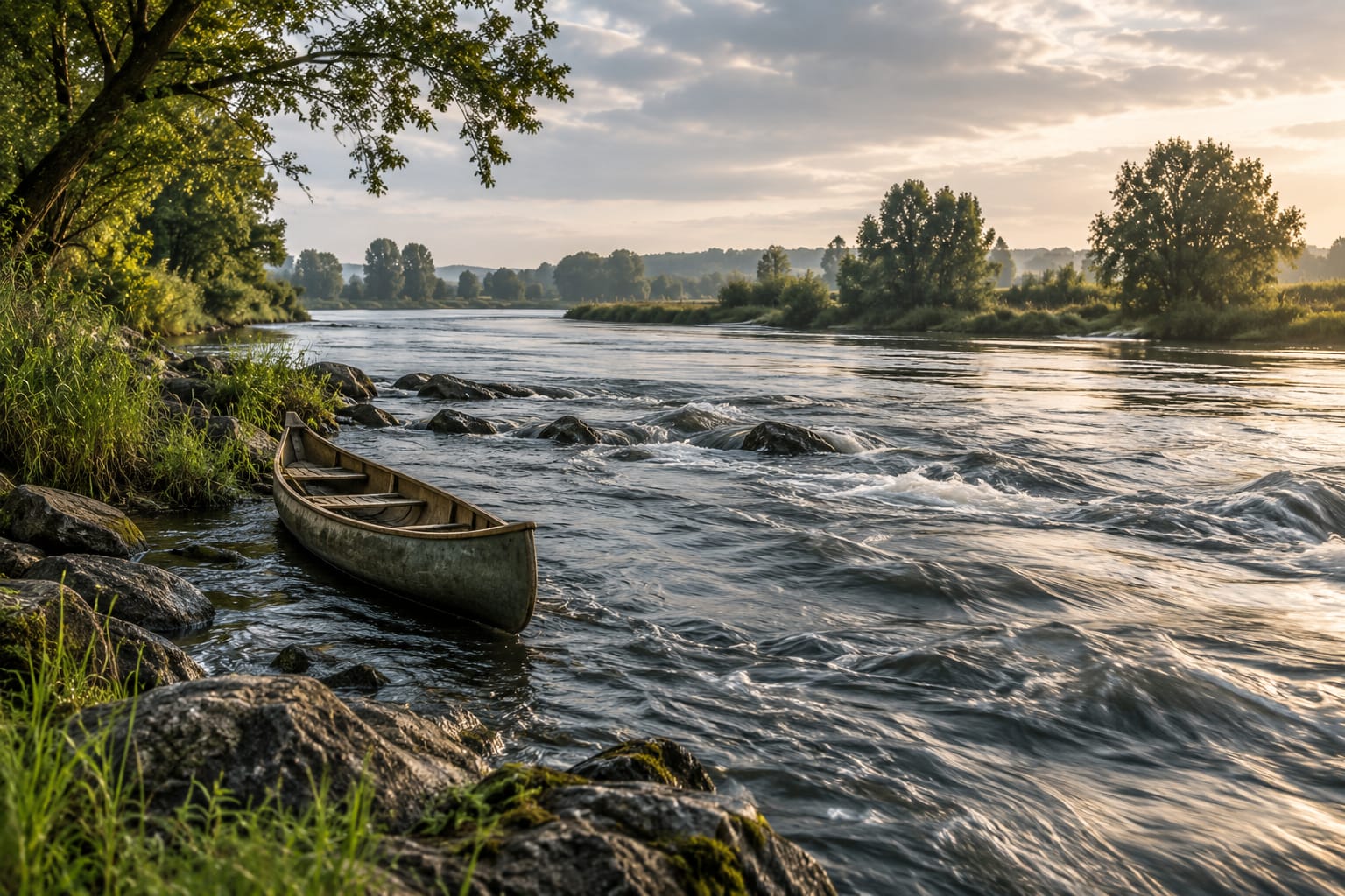 Kano aan de rand van een stromende rivier als metafoor voor doorzetten of stoppen wanneer volhouden niet meer past.