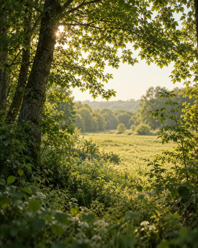 Zonnige doorkijk vanuit het bos naar een open weide in zacht licht