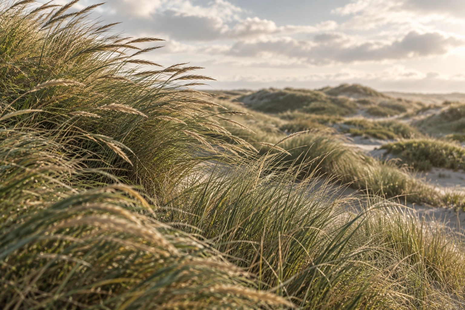 Duingras dat met de wind meebuigt als natuurlijke metafoor voor keuzes maken in het leven zonder volledige zekerheid.