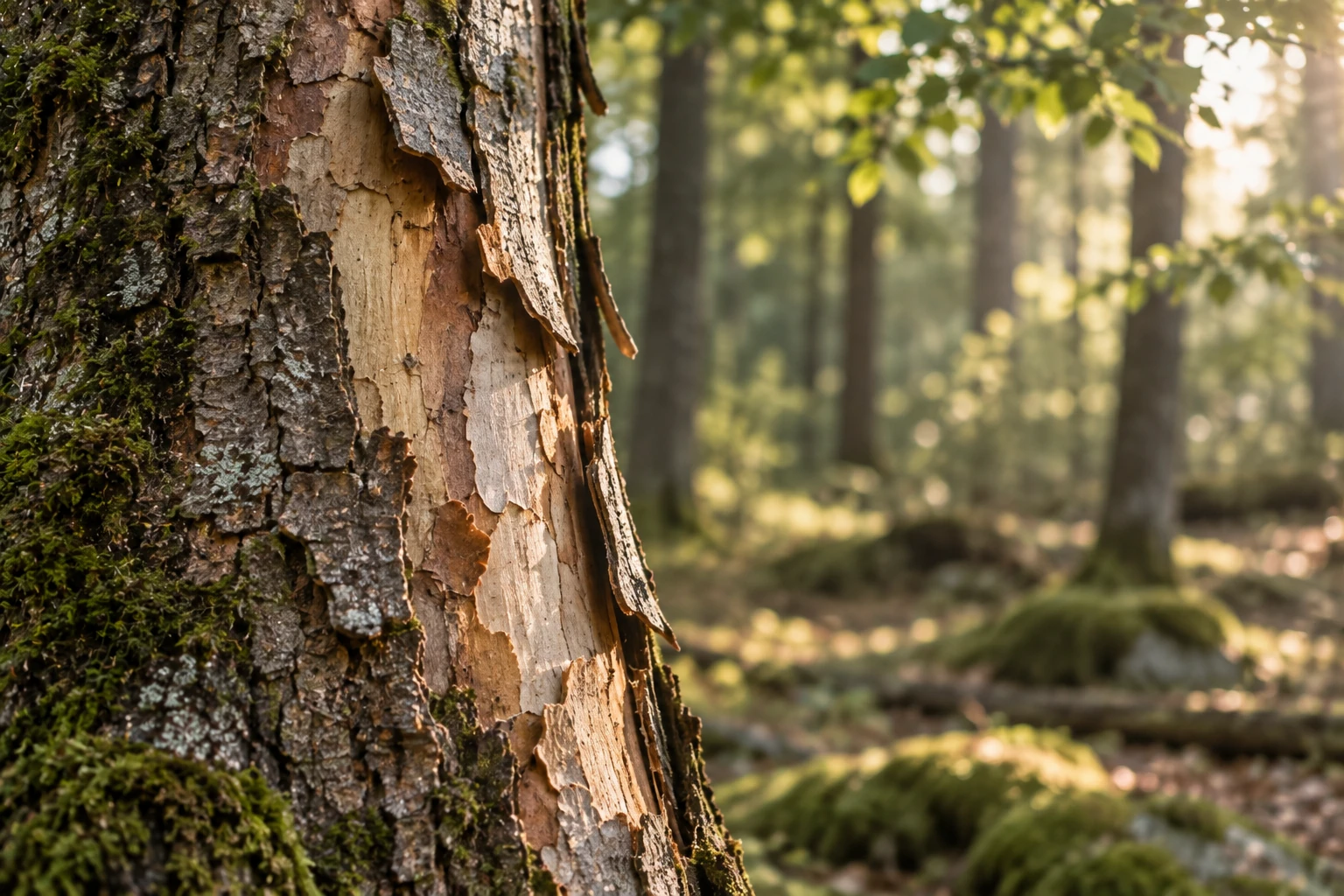 Loslatende boomschors in een rustig bos als natuurlijke metafoor voor moeite met verandering en vasthouden aan het vertrouwde.