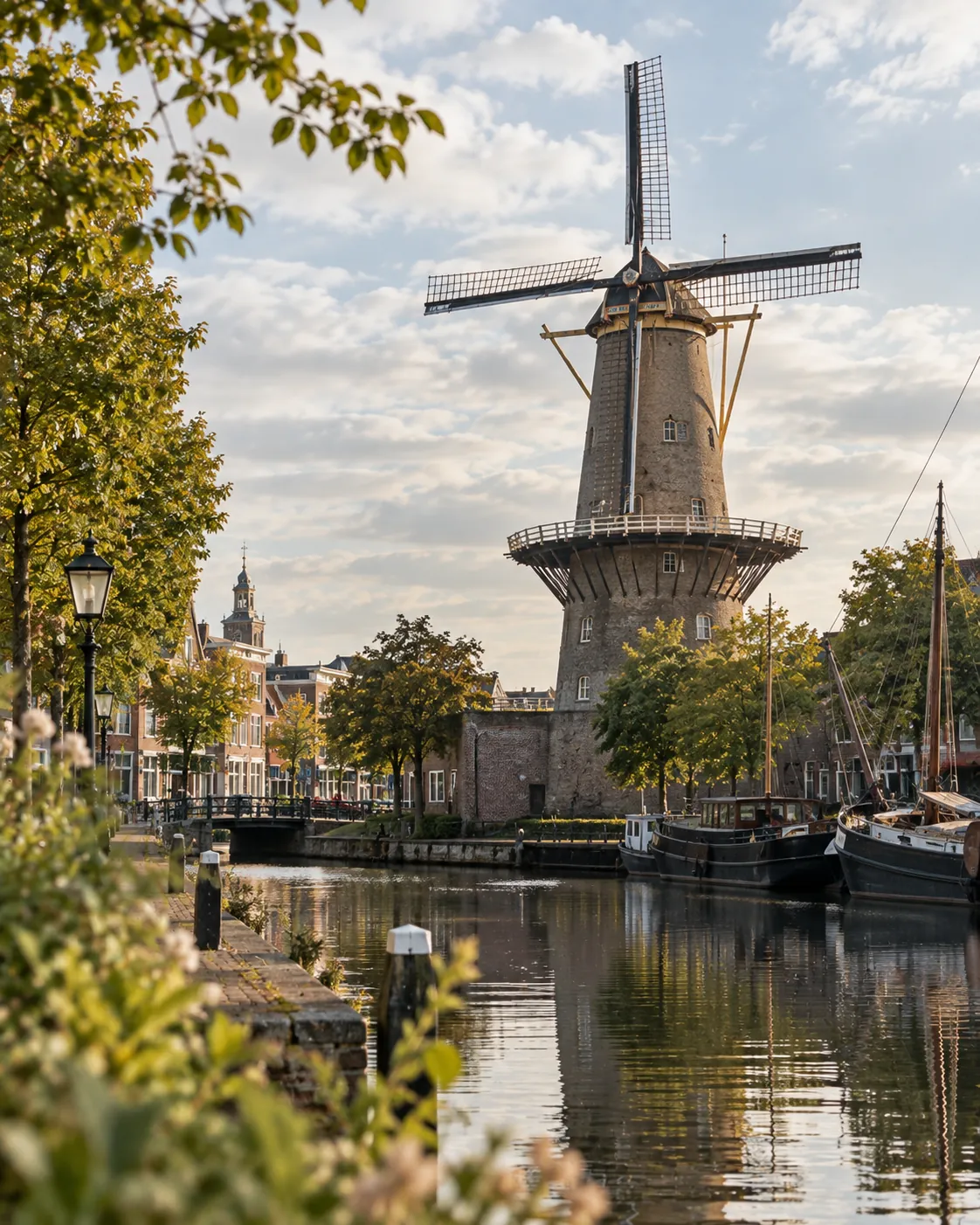 Vlaardingse molen aan het water, met kade en bomen