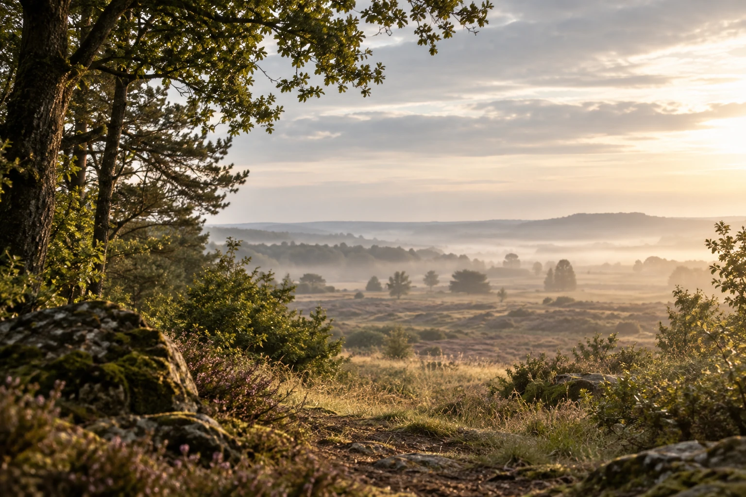 Mistig natuurlandschap dat vanuit beschutting opent naar ruimte als metafoor voor de vraag wat wil ik met mijn leven.